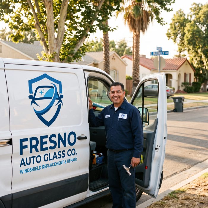 Fresno Auto Glass Co. mobile service van and technician on a Fresno, CA street