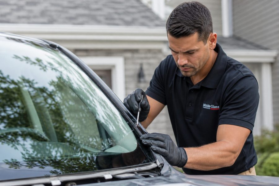Technician repairing a windshield crack at a home in Fresno, CA